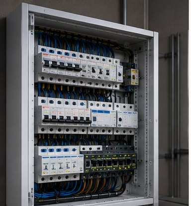 Sauber aufgebaute Elektroverteilung in einem modernen Gebäude